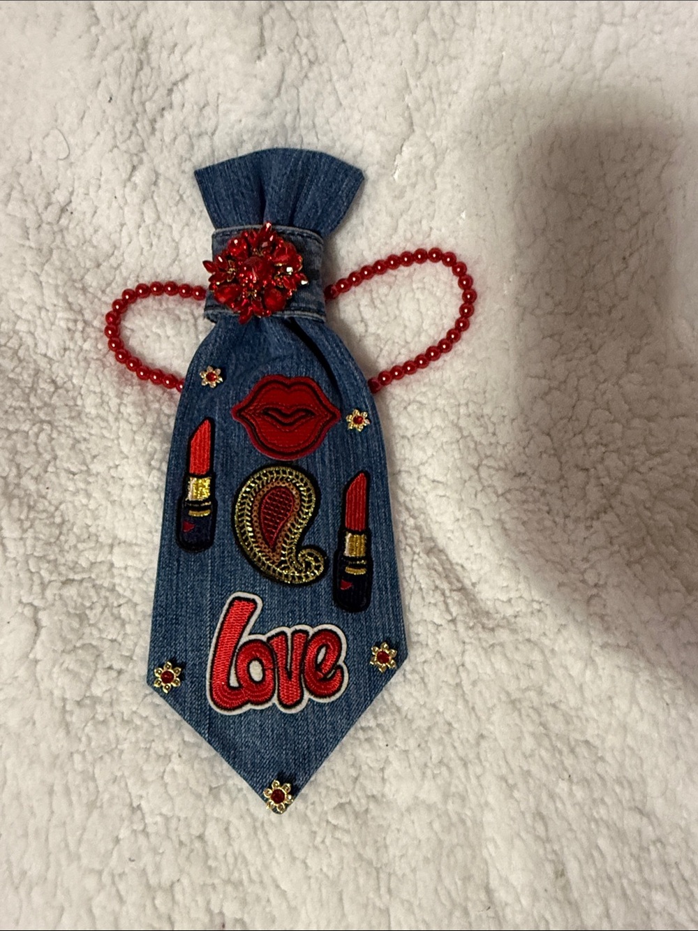 Denim Beaded Statement Necklace- Red Lip & 'Love' Patches
